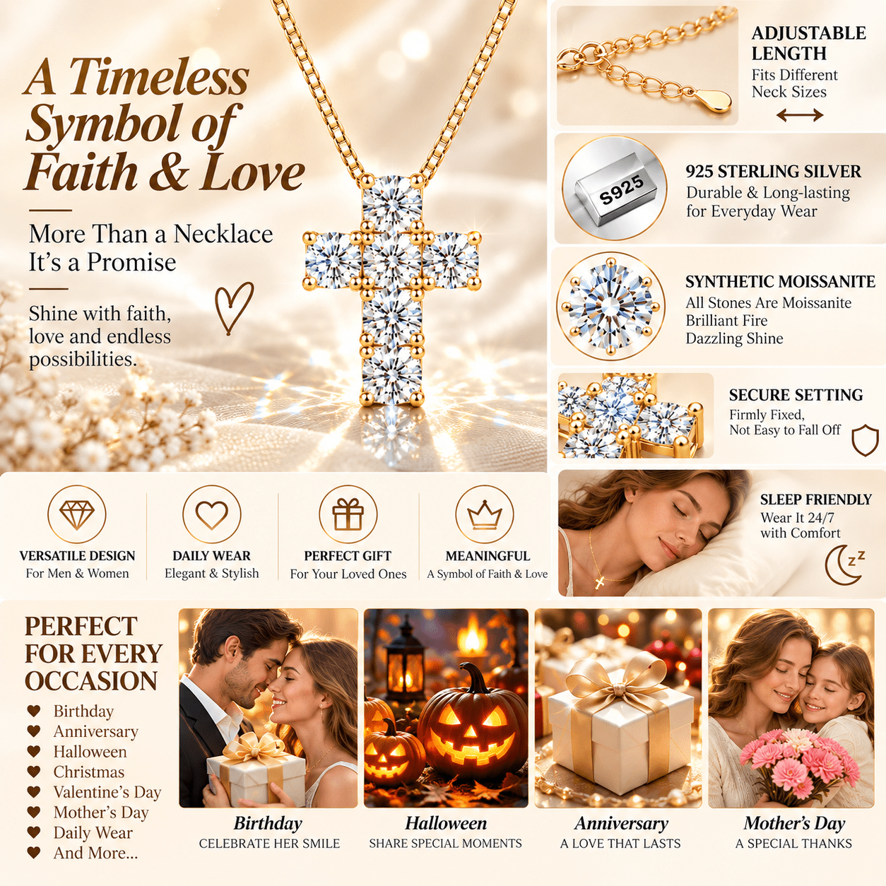 Unisex 3-Carat Full Moissanite Cross Pendant Necklace